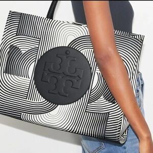 NWT Tory Burch 176596 Ella Nylon Printed Tote Infinity Black White Large Bag